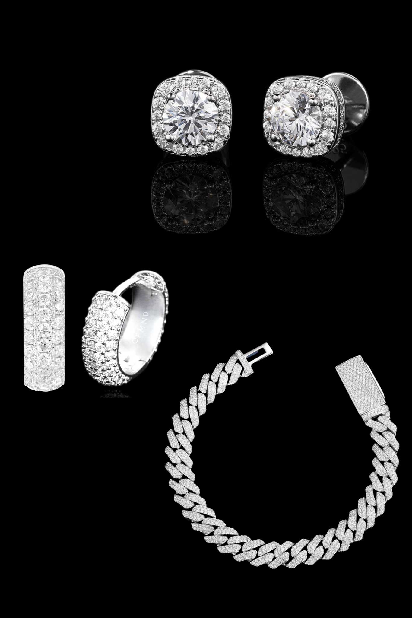 Set orecchini full pavè + square diamond + bracciale cuban - OFMND